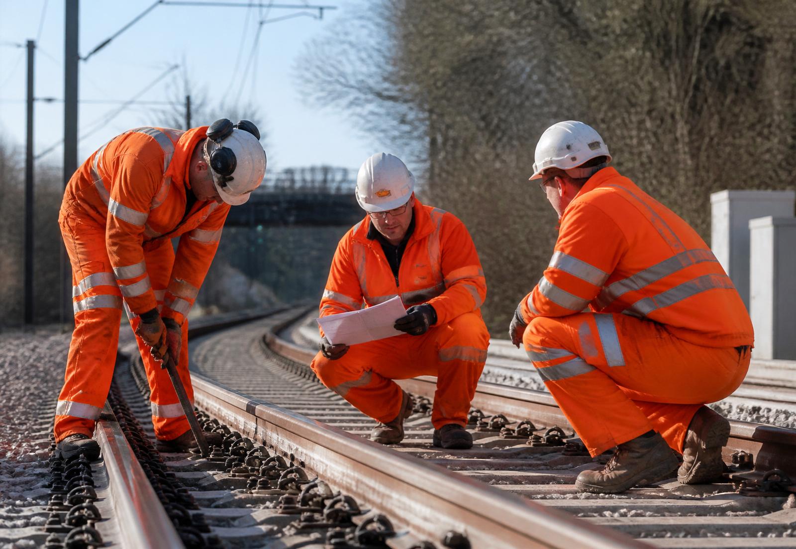 Rail workers in hi-vis PPE inspecting track infrastructure
